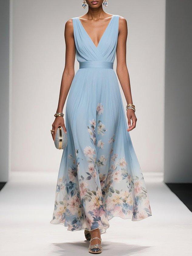 Zoe | Maxi dress made of chiffon with flowers light blue and V-neck