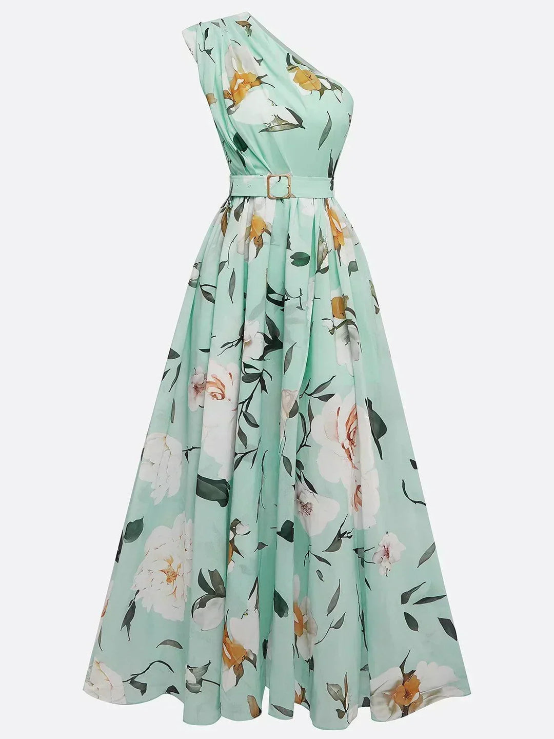 Olivia | Maxi dress chiffon with floral pattern with free shoulders light green