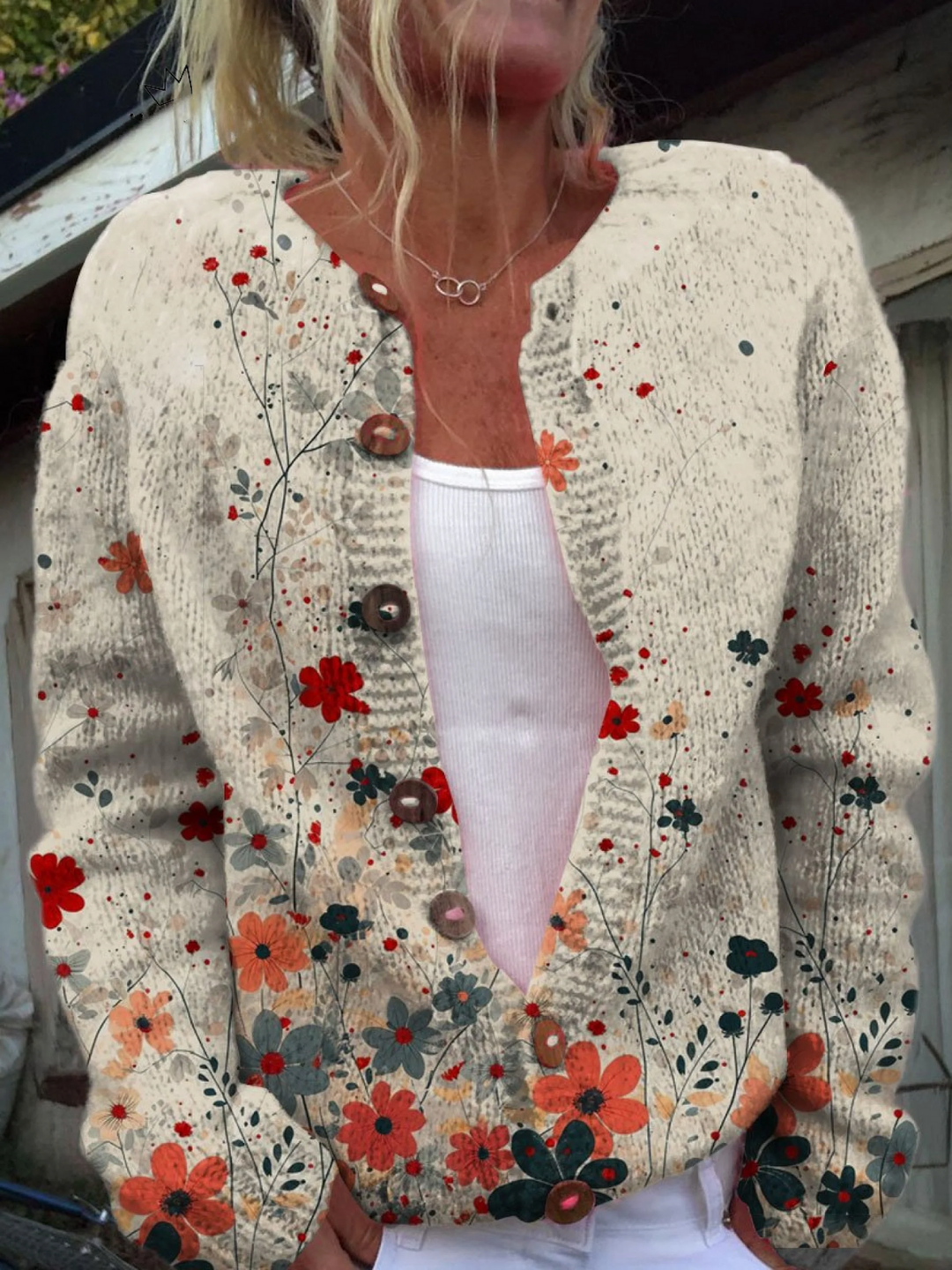 Vintage cardigan with floral art print and buttons