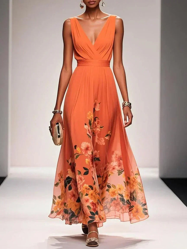 Zoe | Maxi dress made of chiffon with flowers light blue and V-neck
