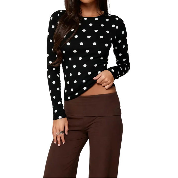 Caitlin | Polka Dot Slim Fit Long Sleeve Top