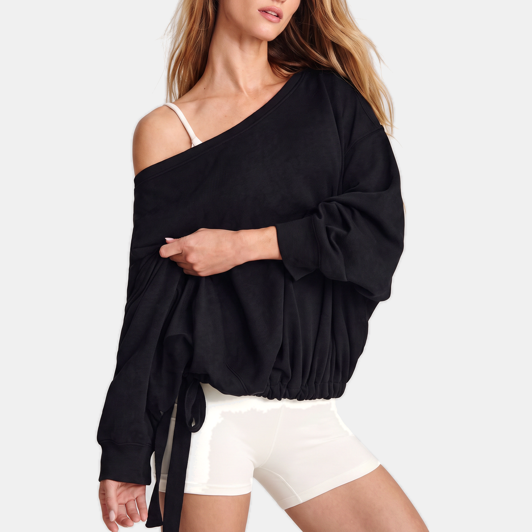 Women's One Shoulder Drawstring Hem Pullover Sweatshirt