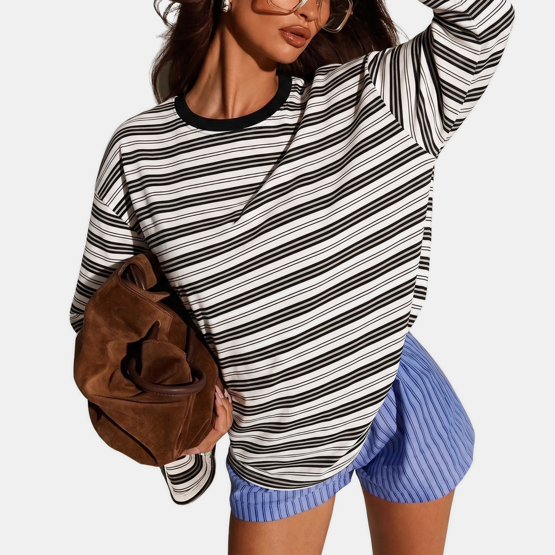 Women's Colour Block Striped Long Sleeve Round Neck Fitted Top