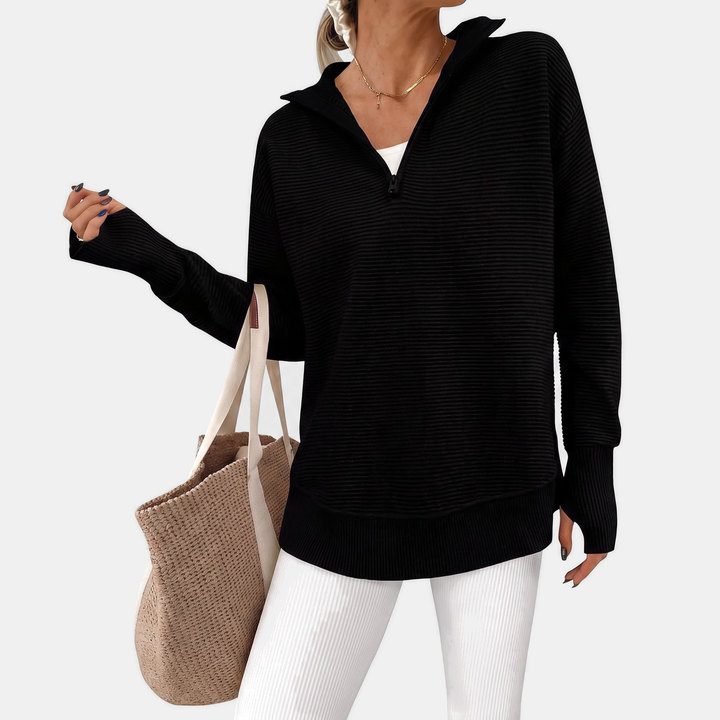 Women's Quarter Zip V Neck Ribbed Knit Pullover Sweater