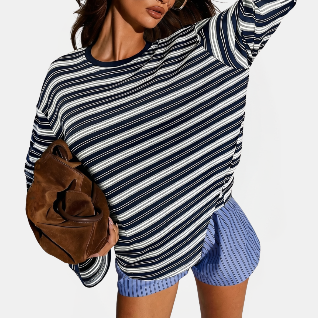 Women's Colour Block Striped Long Sleeve Round Neck Fitted Top