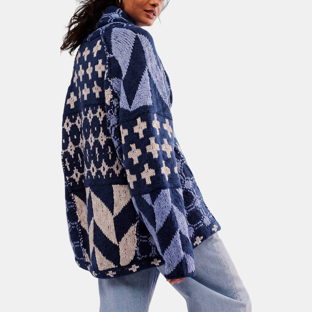 Women's Y2K Abstract Print Button Down Oversized Knit Cardigan