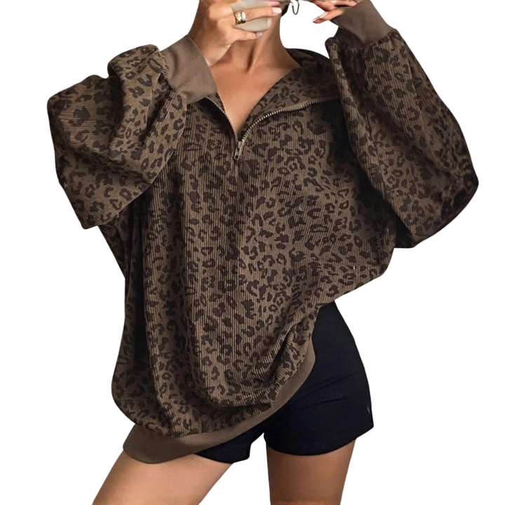 Emily | Leopard Print Zip-Up Corduroy Hoodie