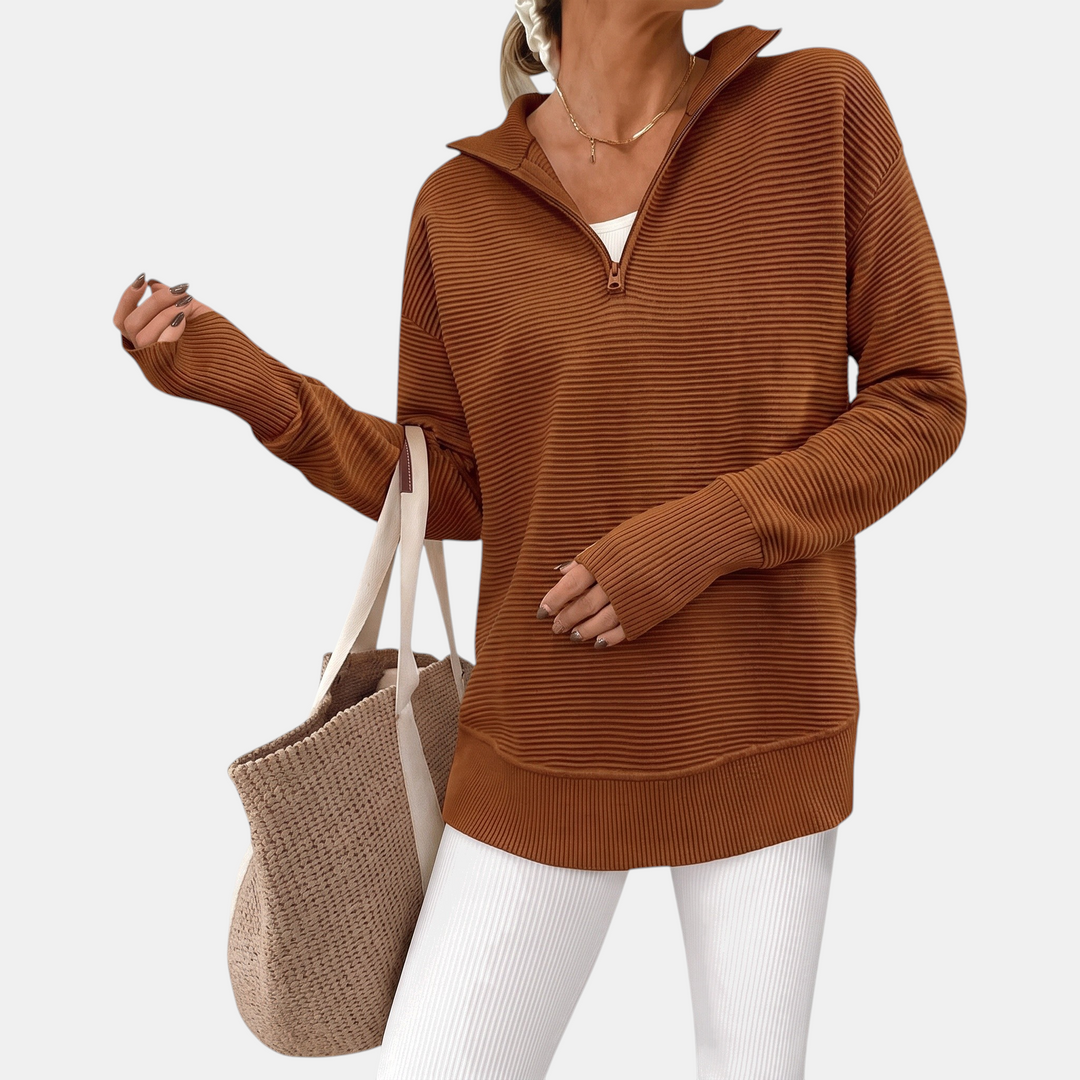 Women's Quarter Zip V Neck Ribbed Knit Pullover Sweater