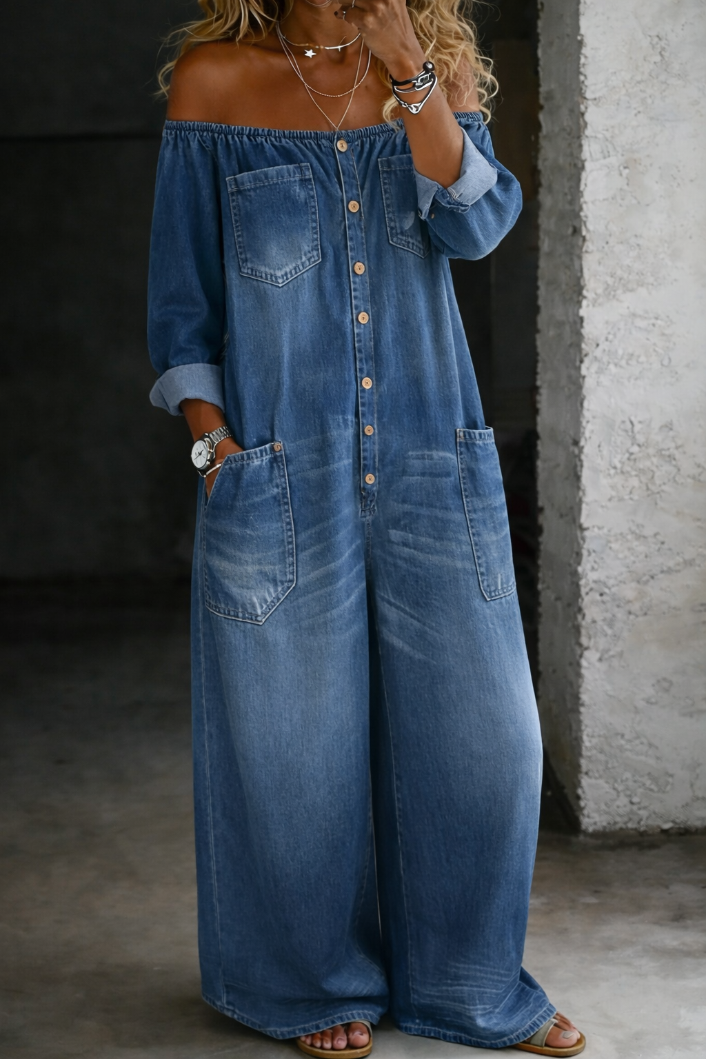 Rose - Long Sleeve Jumpsuit with Exposed Shoulders