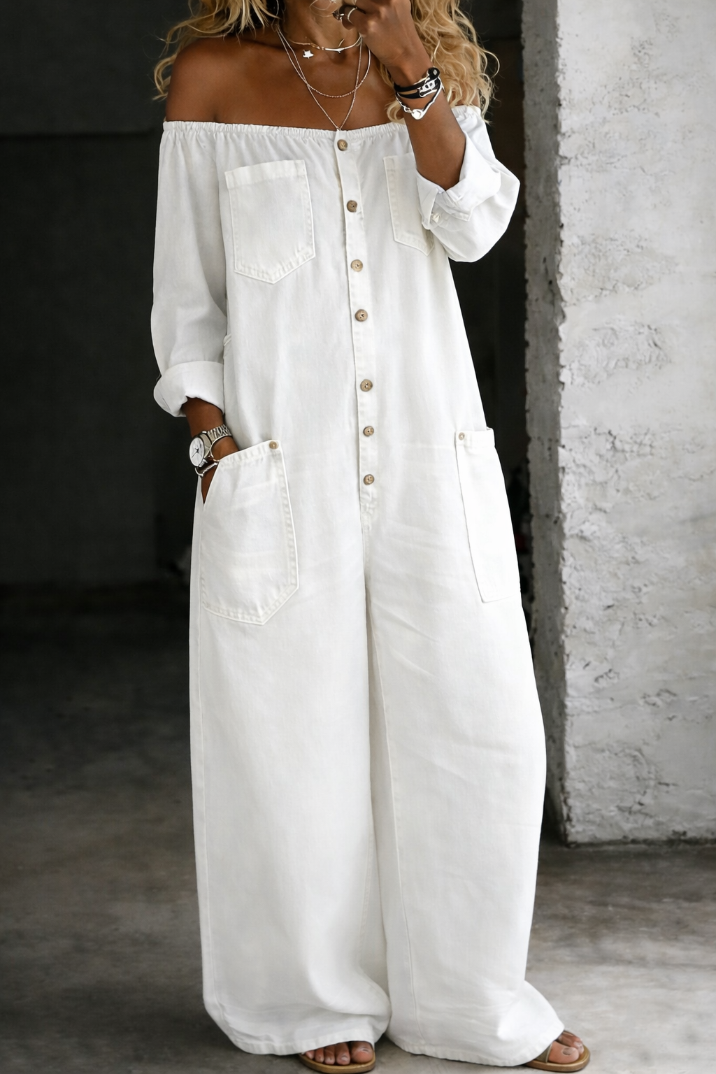 Rose - Long Sleeve Jumpsuit with Exposed Shoulders