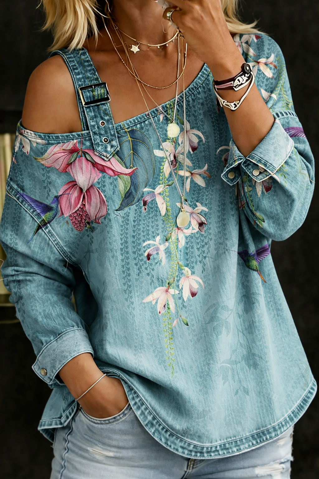 Evie - Denim Top with Exposed Shoulders