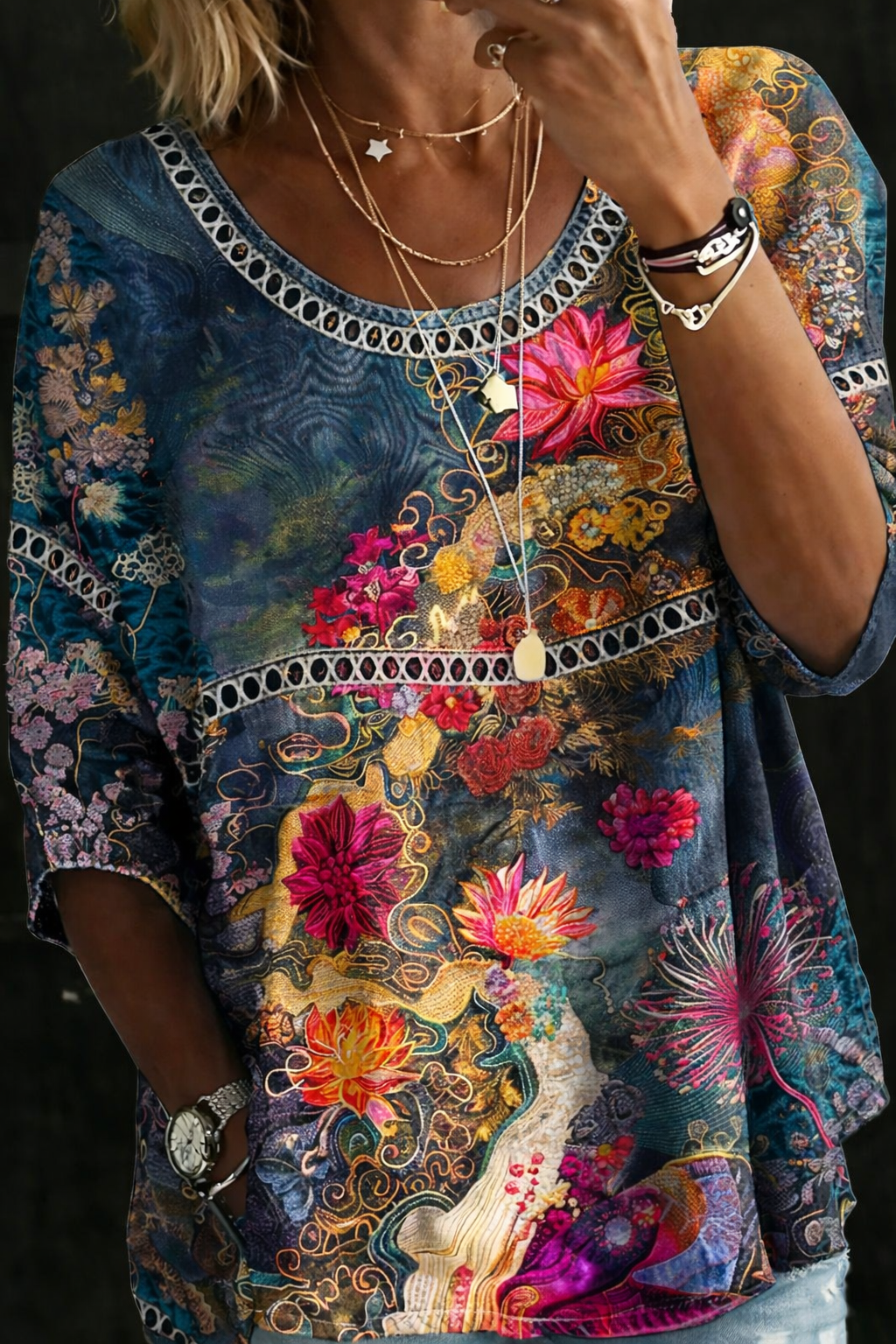Hannah - Vintage Floral Denim Blouse