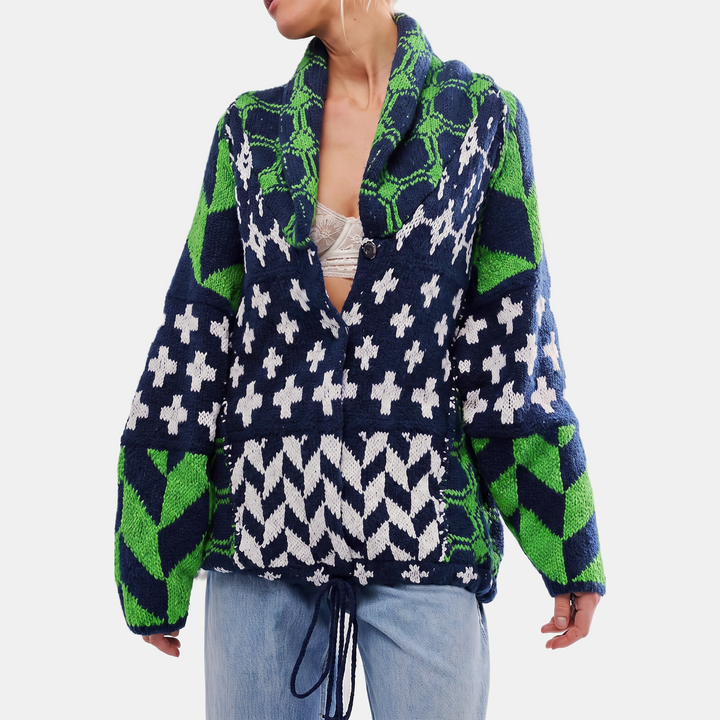 Women's Y2K Abstract Print Button Down Oversized Knit Cardigan