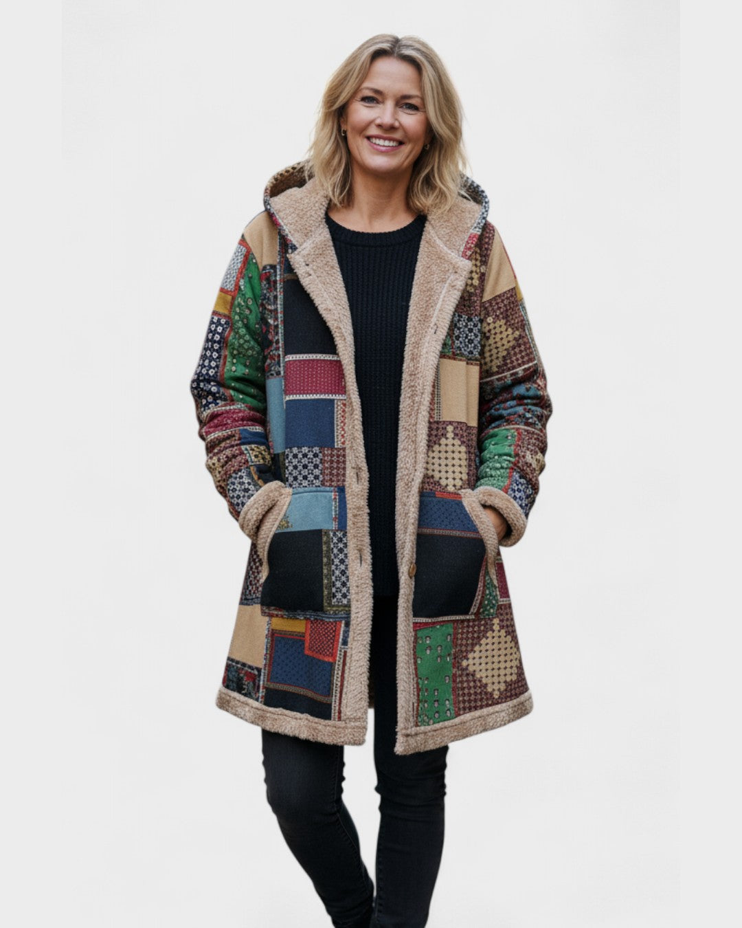 Kiara cozy patchwork hoodie in earth tones