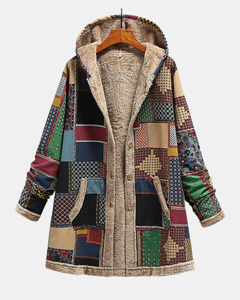 Kiara cozy patchwork hoodie in earth tones