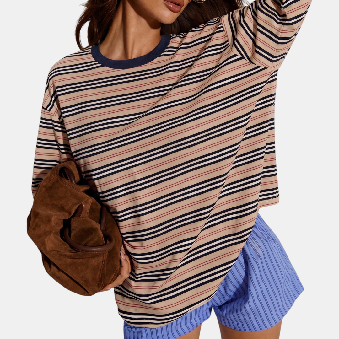 Women's Colour Block Striped Long Sleeve Round Neck Fitted Top