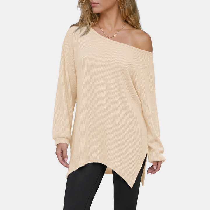 Women's Off Shoulder Asymmetrical Neck Ribbed Oversized Sweater Top