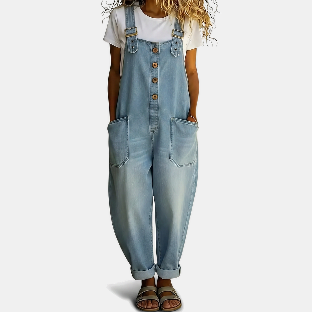 Women's Washed Loose Fit Bib Overall Wide Leg Denim Jumpsuit