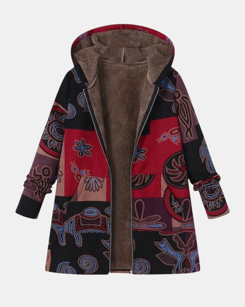 Annabelle boho patchwork hooded coat with abstract print