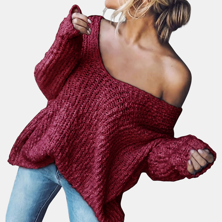 Women's Drop Shoulder Hollow Knit Pullover V | Neck Sweater