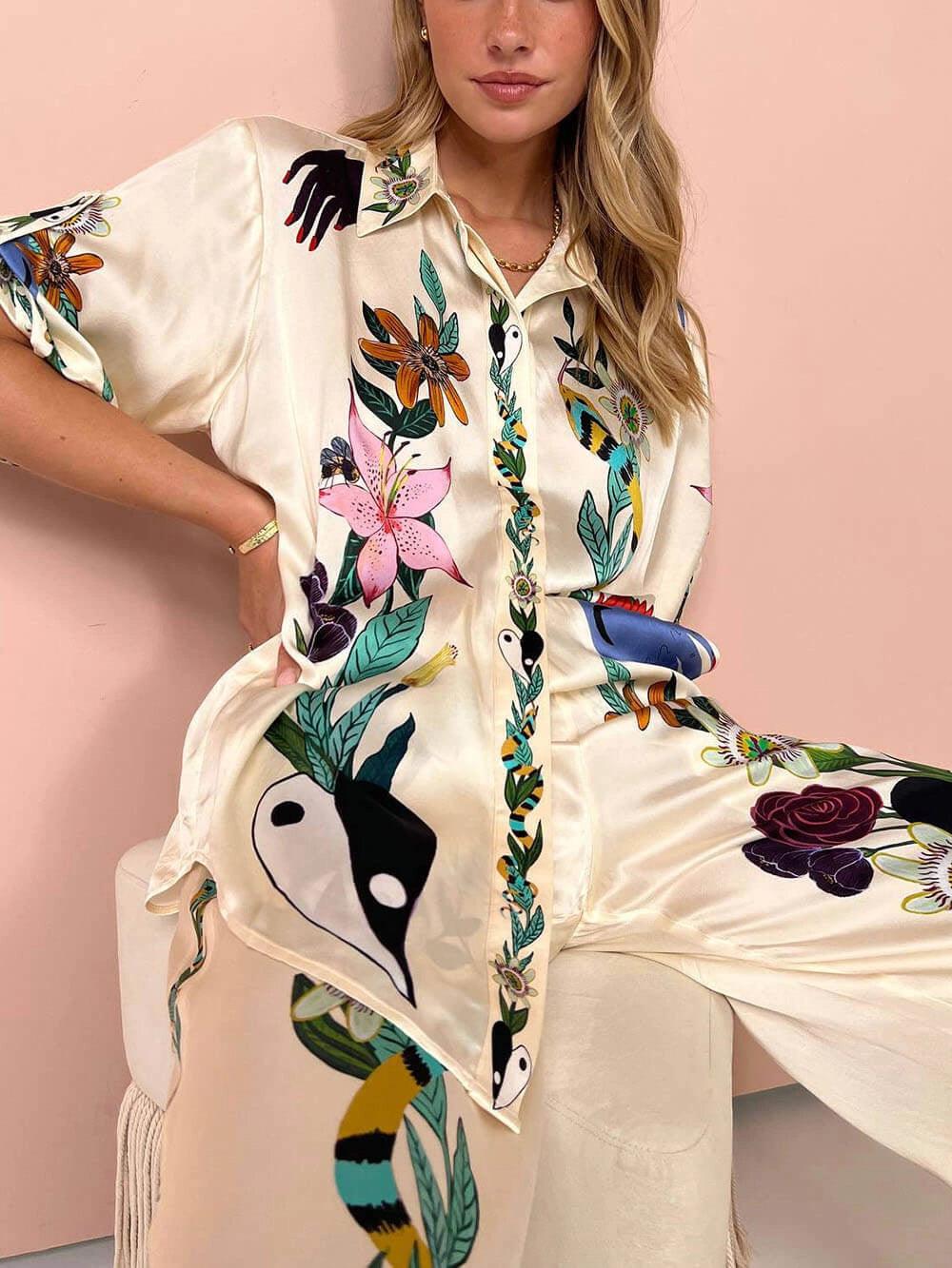 Selma | Satin blouse and pants set with unique print, resort style
