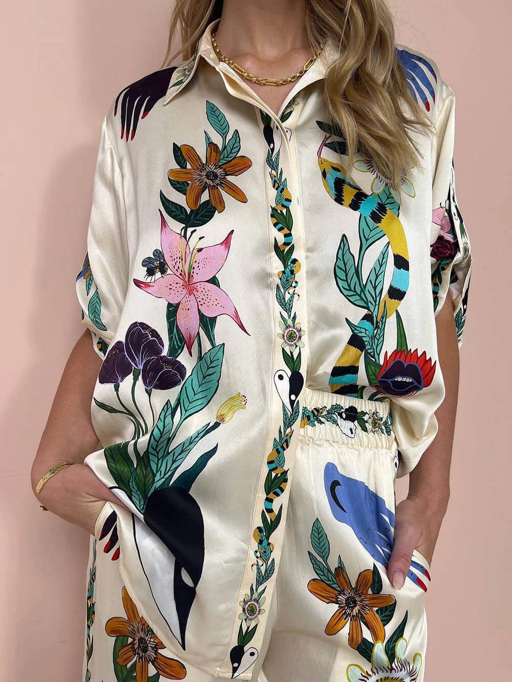 Selma | Satin blouse and pants set with unique print, resort style