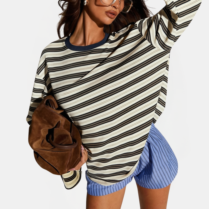 Women's Colour Block Striped Long Sleeve Round Neck Fitted Top
