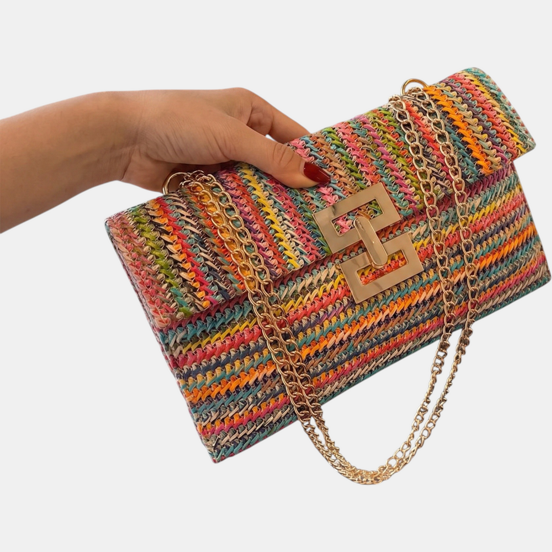 Women's Woven Flap Shoulder Bag with Chain Strap and Twist Lock