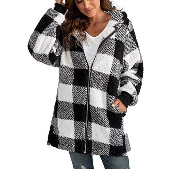 Hannah | Plaid Fleece Long Sleeve Hooded Coat