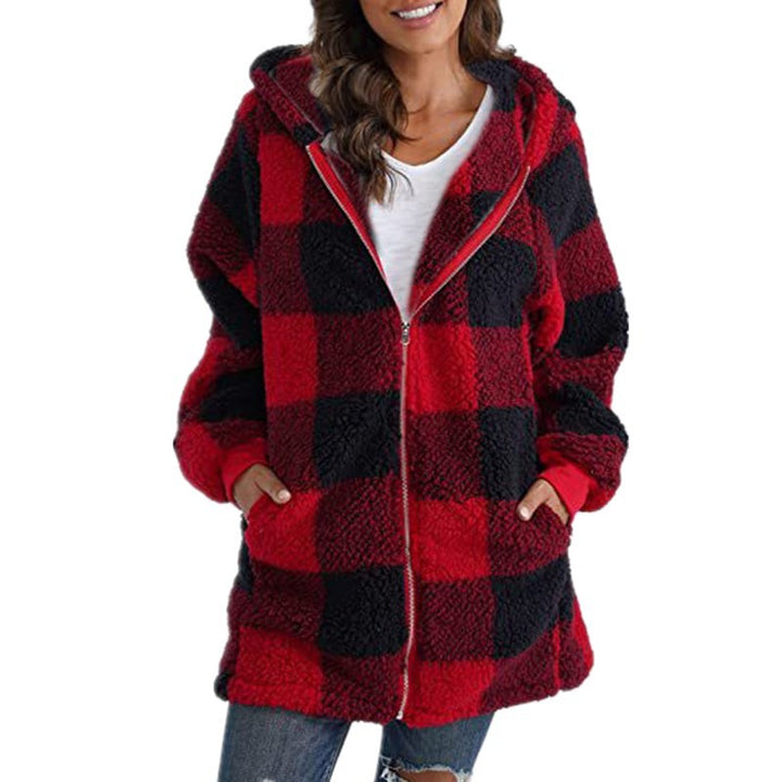 Hannah | Plaid Fleece Long Sleeve Hooded Coat
