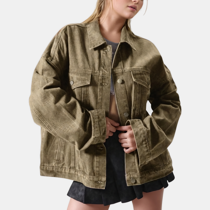 Women's Button Front Drop Shoulder Long Sleeve Denim Jacket