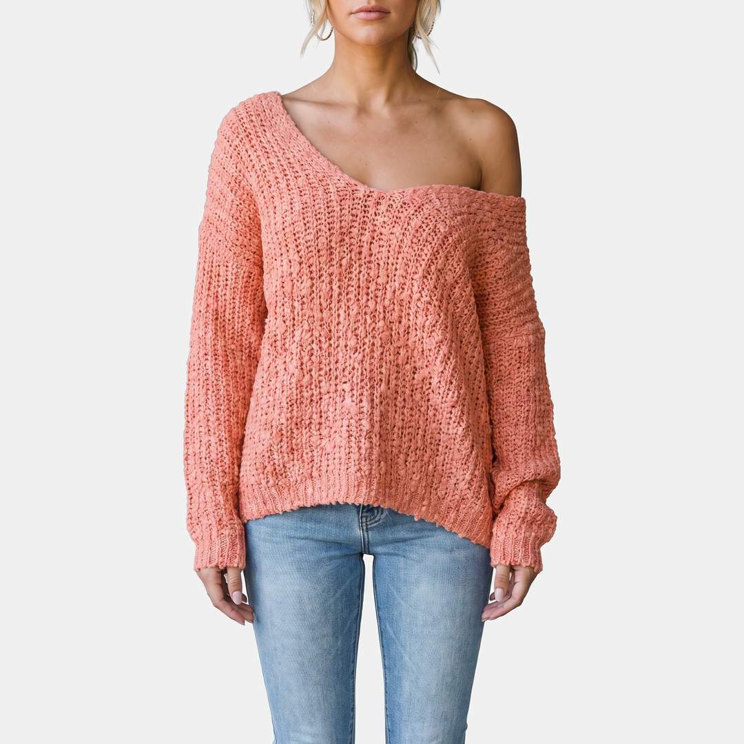 Women's Drop Shoulder Hollow Knit Pullover V | Neck Sweater