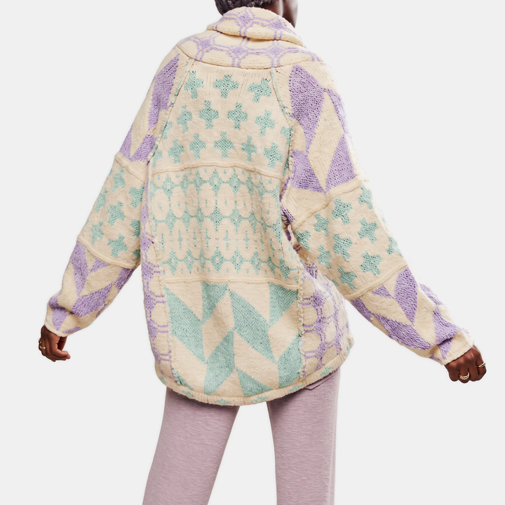 Women's Y2K Abstract Print Lapel Button Down Oversized Knit Cardigan