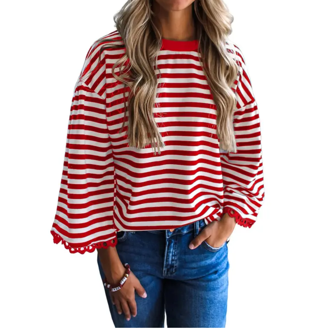 Poppy | Striped Lace Trim Oversized Sweatshirt