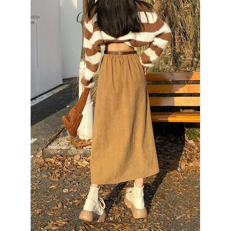 Naomi | Classic Belt Corduroy Midi Skirt