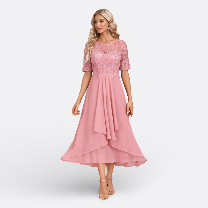 Isla - Short-Sleeve Lace Evening Dress
