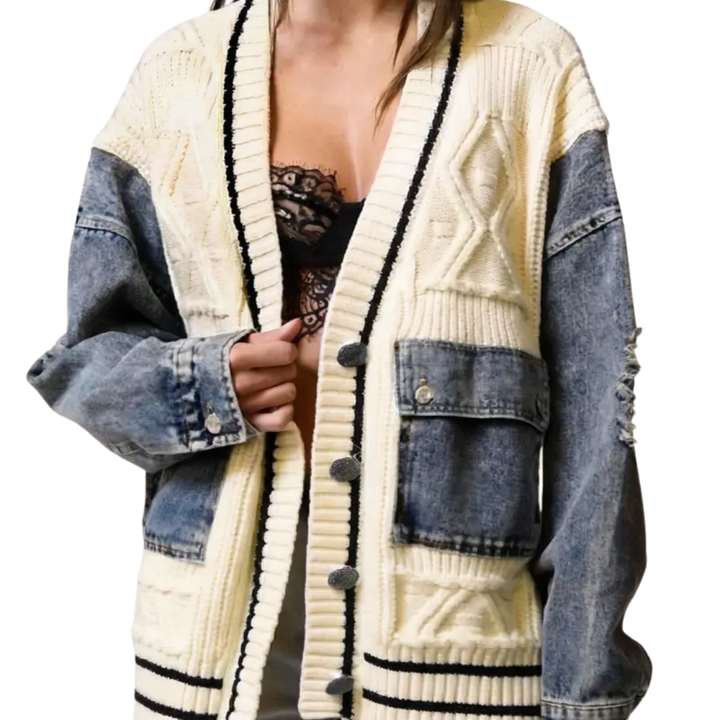 Bianca | Relaxed Denim Patchwork Knit Cardigan