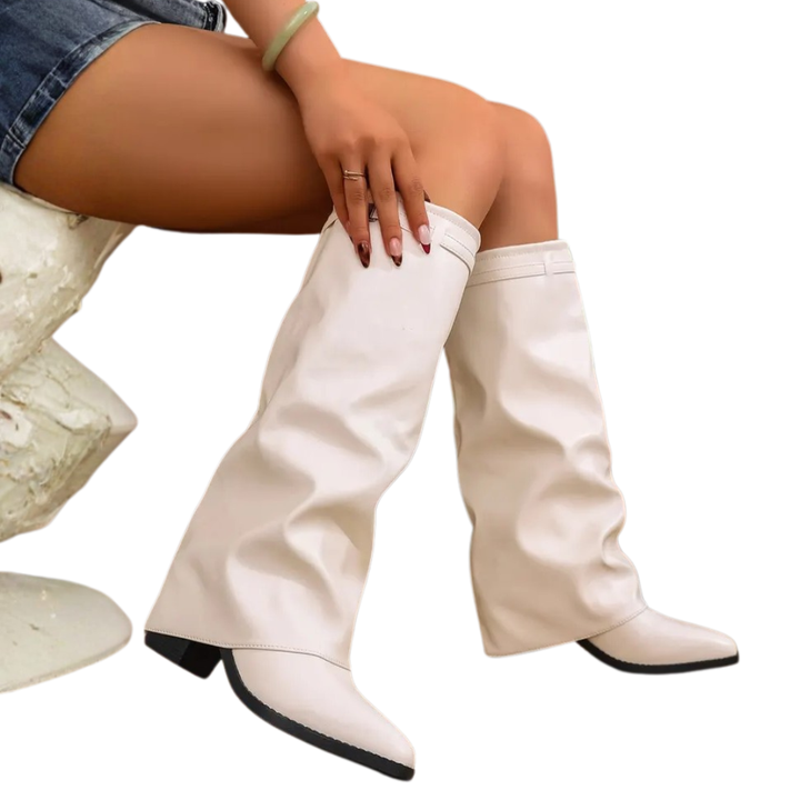 Zoe | Pleated Thick-Heel Knee High PU Leather Boots