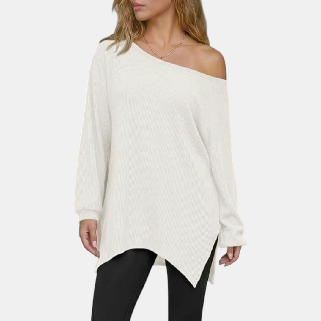 Women's Off Shoulder Asymmetrical Neck Ribbed Oversized Sweater Top
