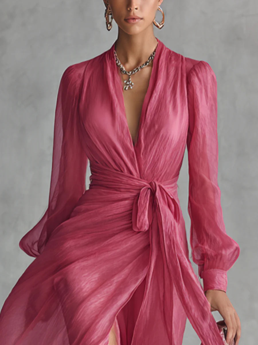 Leah | Long elegant chiffon dress with V-neck and tie waist