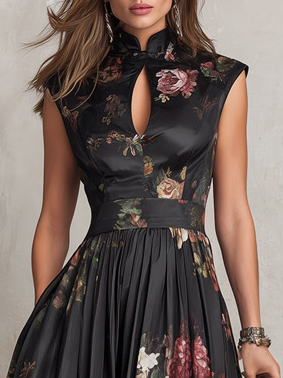 Charlotte | Pleated satin midi dress with black floral pattern