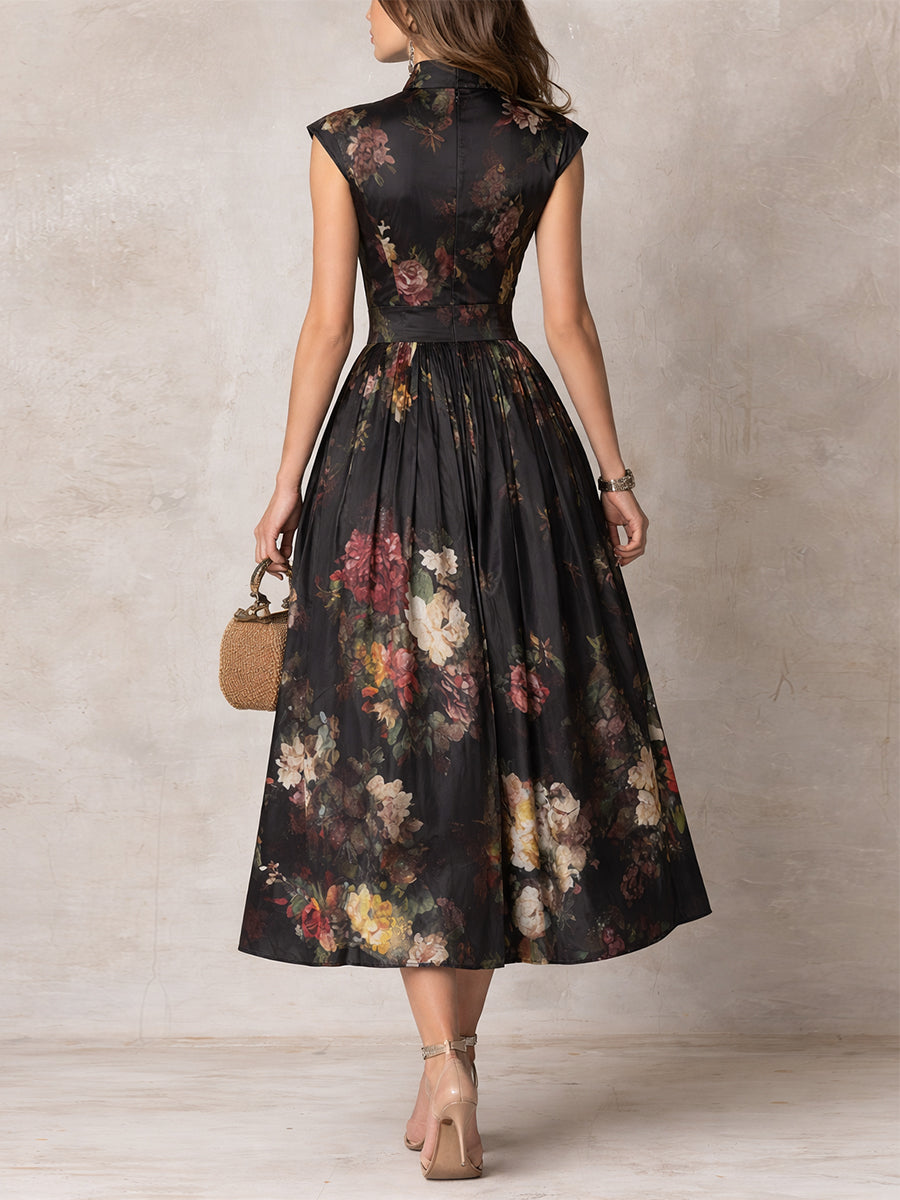 Charlotte | Pleated satin midi dress with black floral pattern