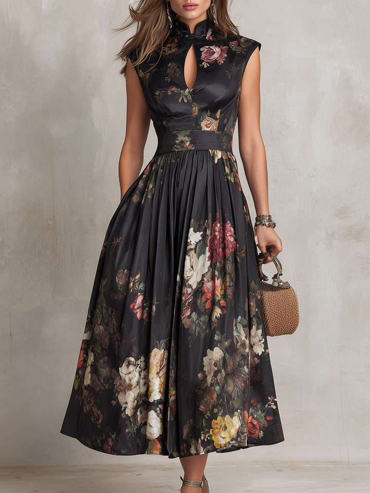 Charlotte | Pleated satin midi dress with black floral pattern