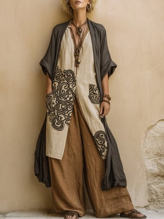 Elizabeth | Three-piece set made of dark gray and brown with tribal print