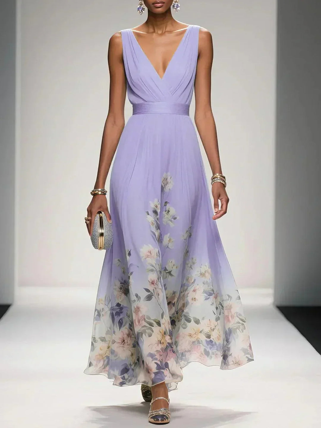 Zoe | Maxi dress made of chiffon with flowers light blue and V-neck