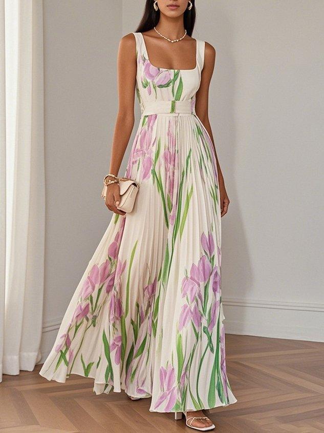 Ingrid | Maxi dress chiffon with floral pattern pleated white