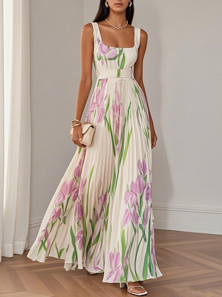 Ingrid | Maxi dress chiffon with floral pattern pleated white