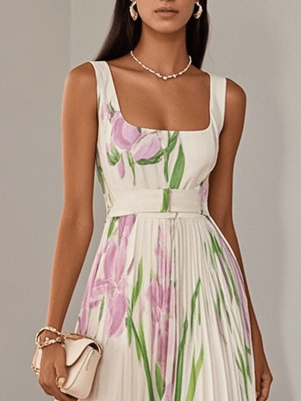 Ingrid | Maxi dress chiffon with floral pattern pleated white