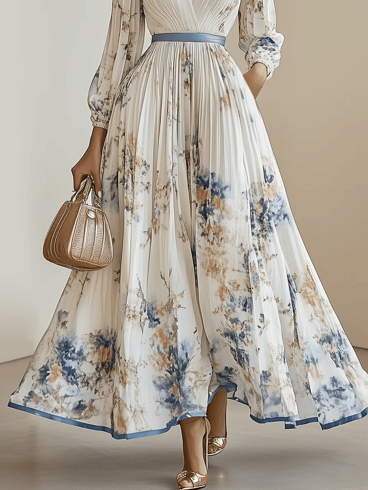 Maya | Maxi dress made of chiffon with a floral pattern in white with voluminous sleeves