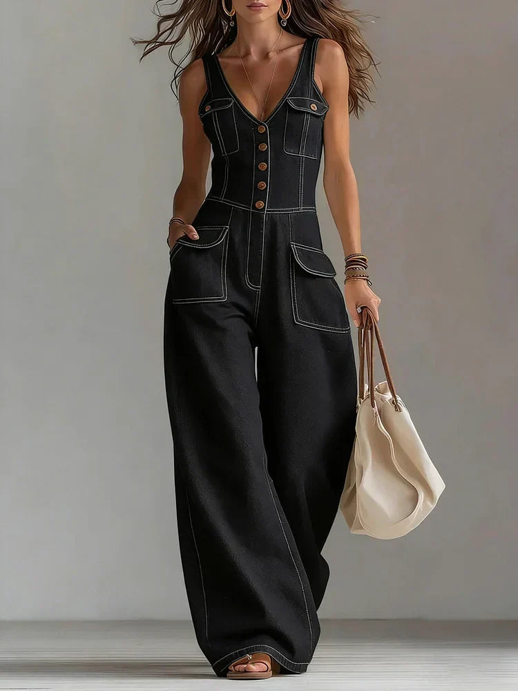 Audrey - Casual Denim Wide Jumpsuit